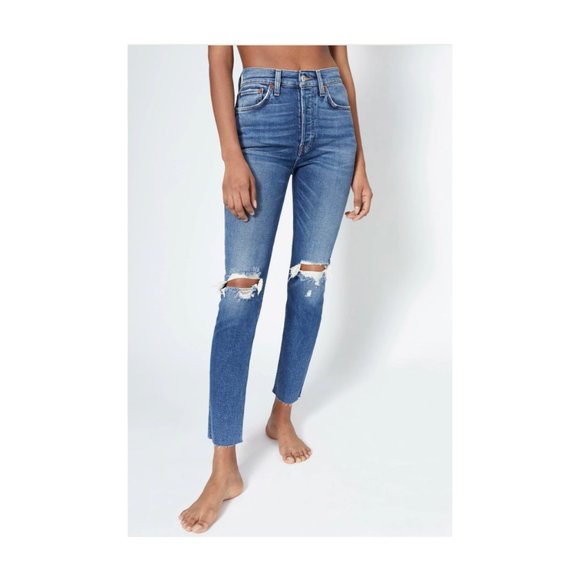Re/Done 90’s High Rise Ankle Crop destroyed Knees Jeans in Dusk - Picture 3 of 7